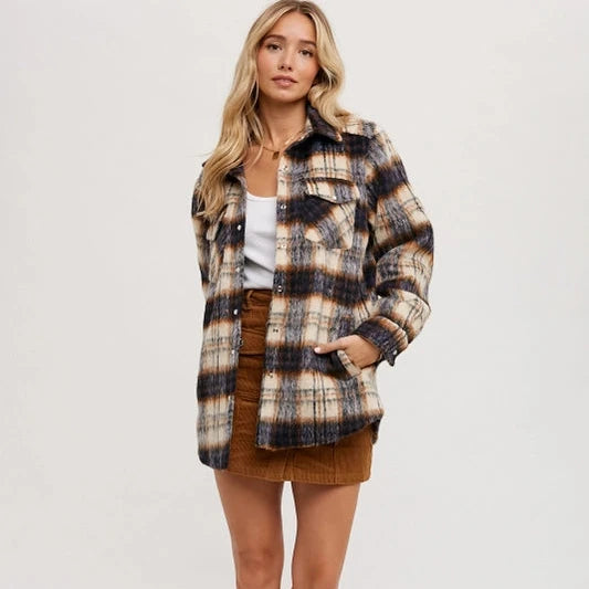 Brushed Flannel Plaid Shacket - Relaxed Fit