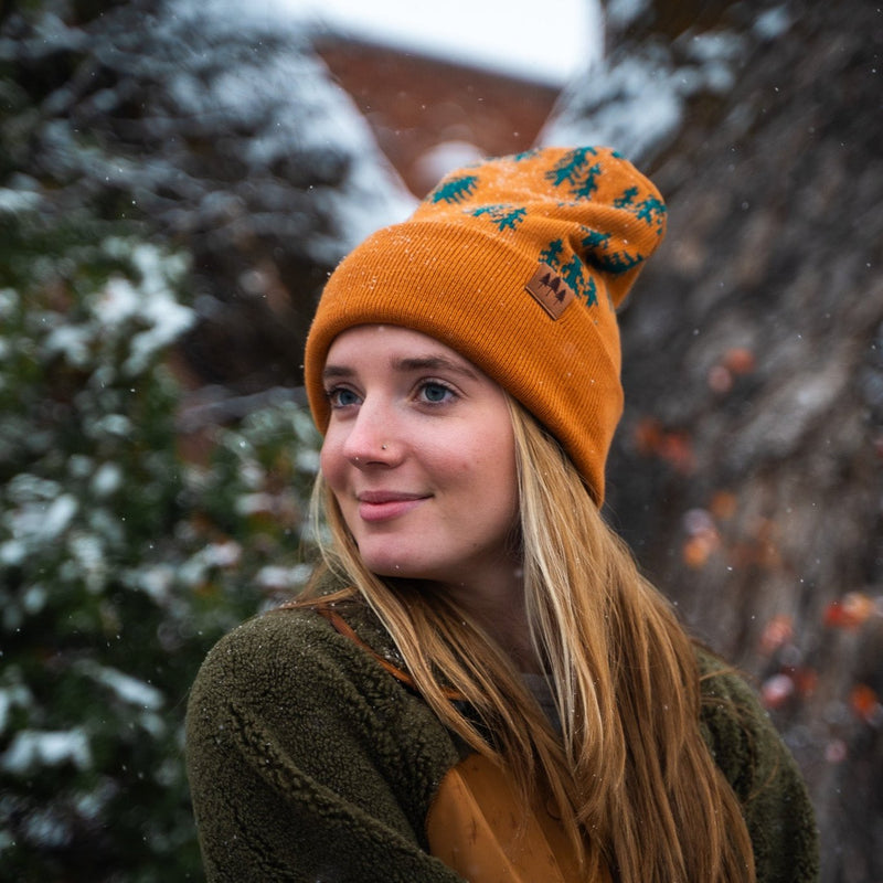 Pine Tree Fold Over Beanie - Teal/Honey Brown