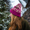 Floral Pattern Fold Over Beanie - Magenta/Olive