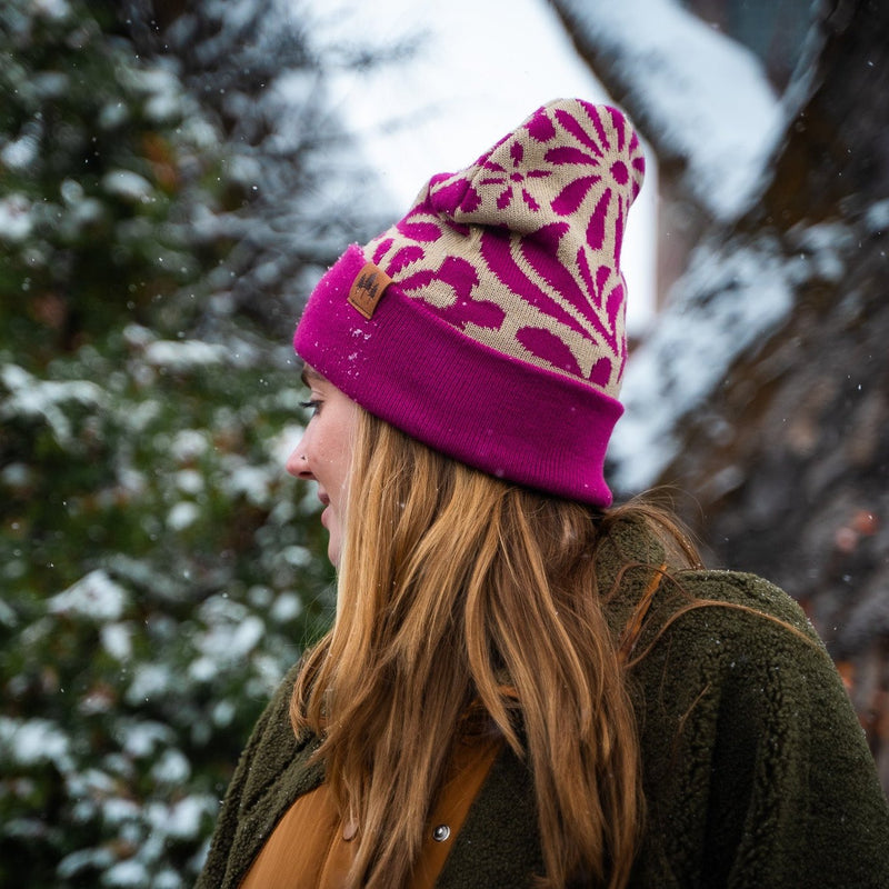 Floral Pattern Fold Over Beanie - Magenta/Olive