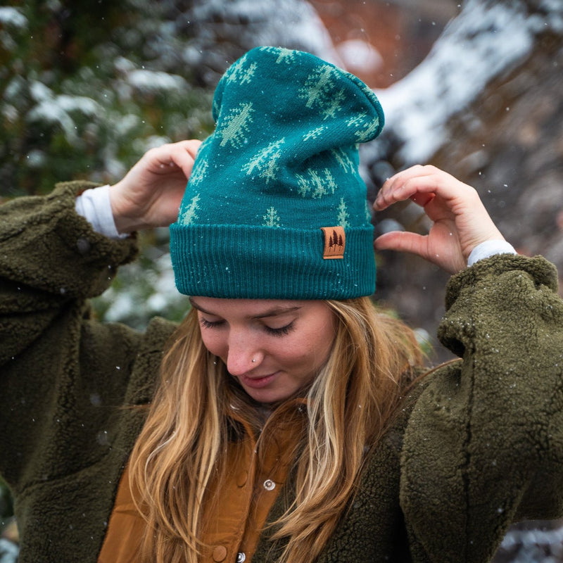 Pine Tree Fold Over Beanie - Teal/Honey Brown