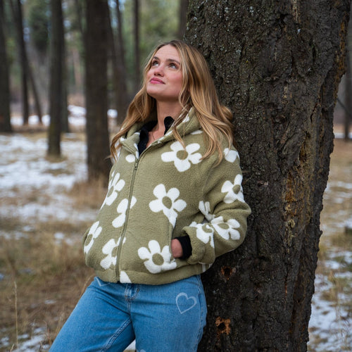 Floral Fleece Zip Up Jacket - Olive Stone