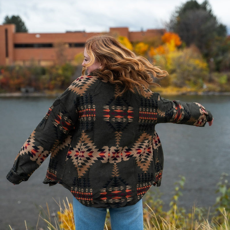 Aztec Print Flap Pockets Long Sleeve Shacket