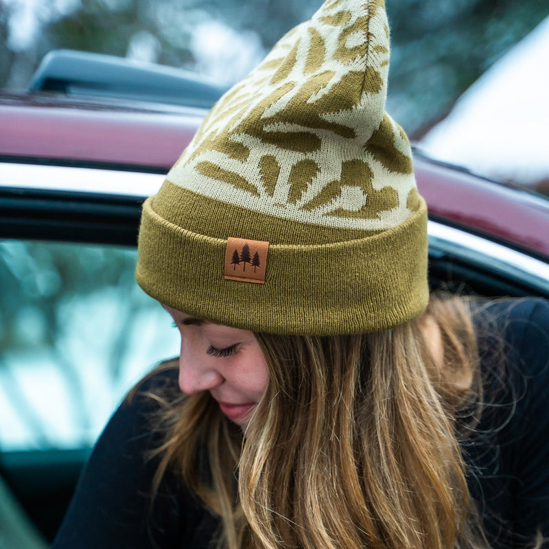 Floral Pattern Fold Over Beanie - Magenta/Olive