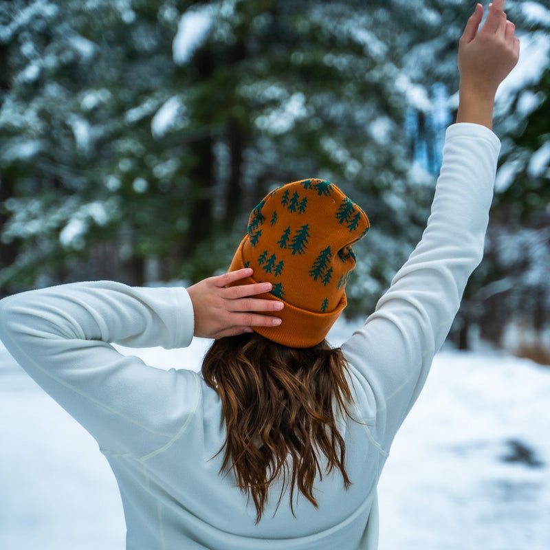 Pine Tree Fold Over Beanie - Teal/Honey Brown