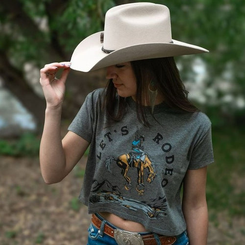 Let's Rodeo Ladies Crop Tee - Dark Heather Grey - The Montana Scene