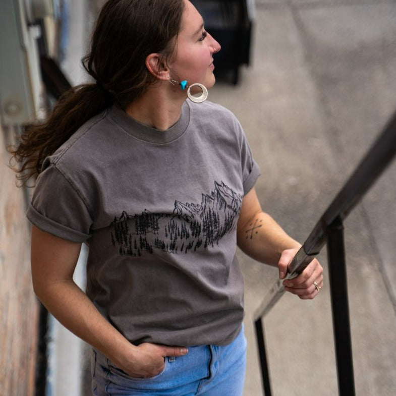 Mountain Sketch Mens/Unisex Tee - Faded Grey - The Montana Scene