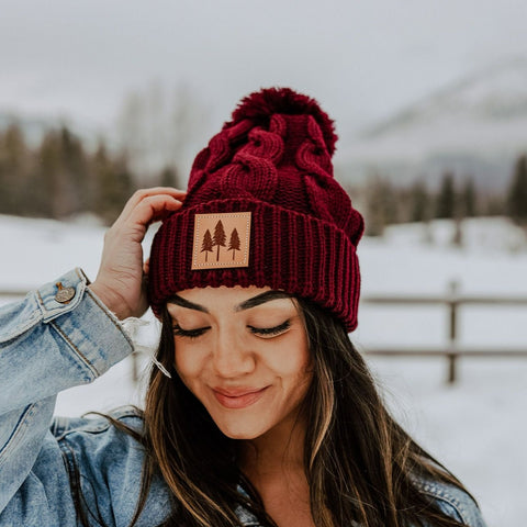 Three Tree Cable Knit Beanie - Maroon