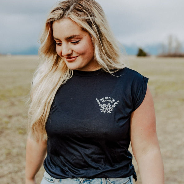 Take Me to the Wildflowers Ladies Rolled Sleeve - Navy | The Montana Scene